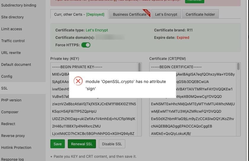 Lỗi khi renew SSL AApanel