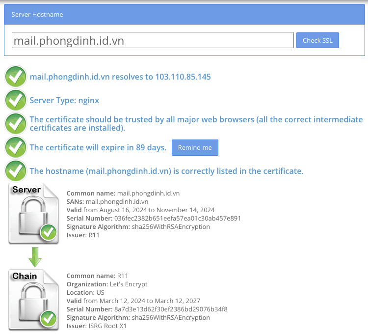 Kiểm tra chứng chỉ SSL của địa chỉ truy cập iRedmail