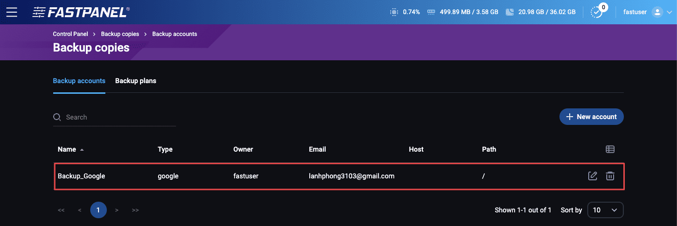Tạo Backup accounts FasPanel