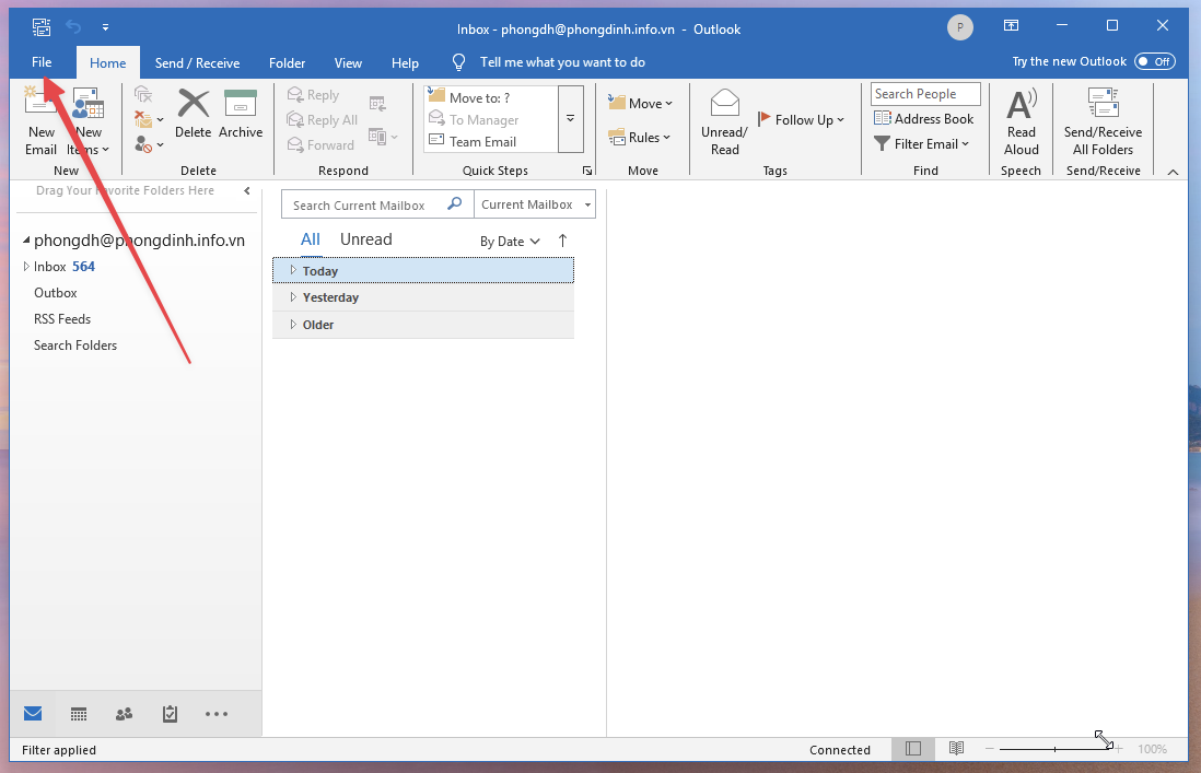 Mở Outlook, truy cập file